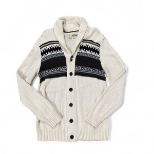 Shawl Collar Button-Front Men's Sweater - Cream with Black Pattern